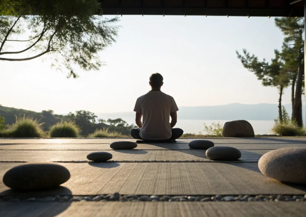 Medytująca osoba na tarasie w naturze